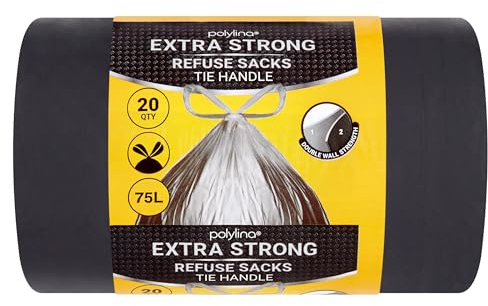 Polylina - Bin Bags Extra Strong, 75 Litre, 20 Premium Heavy Duty Tie Handle Black Bin Liners Refuse Sacks, Everyday Use, Household, Office & Kitchen Waste