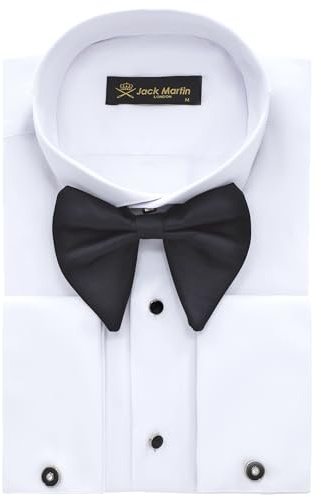 Jack Martin Camicia da smoking da uomo con colletto ad ala bianca con polsini francesi | Set incl. gemelli e papillon nero | Camicie eleganti da uomo, Bianco tinta unita., M