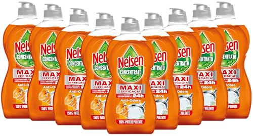 Nelsen detersivo stoviglie e piatti a mano, Concentrato di Potere Antiodore, con azione sgrassante, 9 confezioni da 450 ml