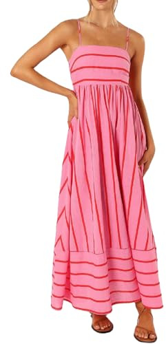 YILEEGOO Women's Summer Striped Maxi Dress 2024 Sexy Spaghetti Strap Flowy Swing Long Dress Boho A-Line Beach Sundresses (V-Pink, L)