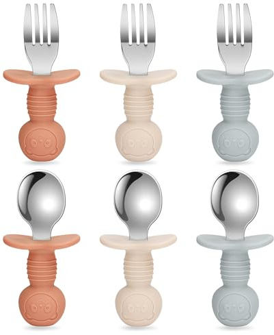 MOJINL Lot de 6 couverts pour bébé à partir de 1 an - En acier inoxydable - Cuillère fourchette - Poignées en silicone - Ours en silicone - Cuillère d'apprentissage - Vaisselle pour enfant avec design