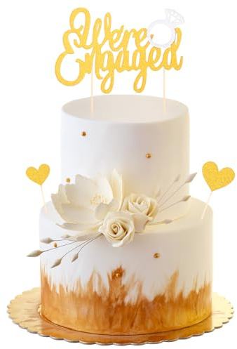 Gold We're Engaged Cake Topper with 7 Pcs Heart Decorations, Glitter Engagement Cupcake Toppers, Wedding Engagement Party Decor, Cupcake Decoration Party Supplies Gold
