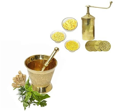 BRACOP Messing Mörser und Stößel manueller Nudelmacher Kräuterzerkleinerer Gewürzmühle Molcajete-Kochutensilien Mörser und Stößel 2er-Set Kräuter Pillen und Gewürze Knoblauch Snack-Maker Küchenhelfer