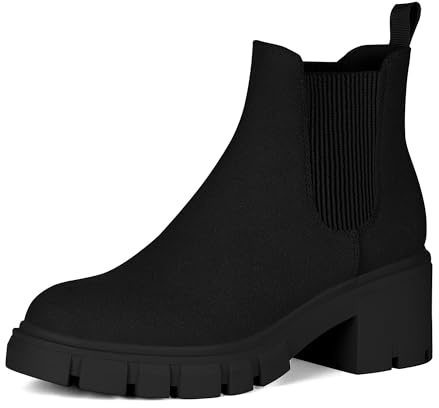Athlefit Women's Chelsea Boots Fashion Lug Sole Chunky Heel Slip on Elastic Ankle Booties Black Suede Size 9