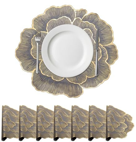 sourcing map Gold Edge Grey Floral Rose Round Placemats Set of 8 for Dinner Tables, Metallic Polyvinyl Pressed Placemats Washable Table Mats for Dinner Table Decor (15 x 15/38 x 38cm)