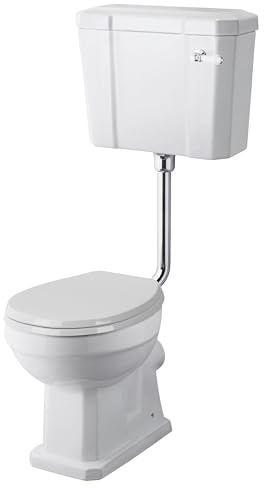 Balterley Low Level Toilet Pan, Cistern, Flush Pipe Kit & Soft Close Seat, Traditional Bathroom Toilet Unit, Round Seat Pan & Chrome Lever Handle Toilets for Bathrooms - 370 x 515 x 466mm (White)