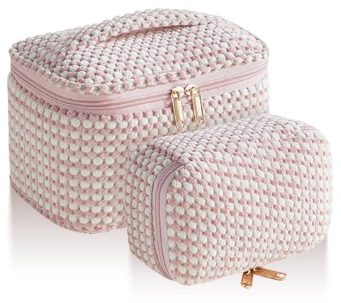 Kytpyi Borsa Cosmetica, Borsa Trucco da Viaggio, 2 Pezzi Moda Velluto a Coste Trousse Trucchi Donna Morbido con Compartimenti, Portatile Pochette Trucchi per Viaggio Data Festa (Punto Rosa)
