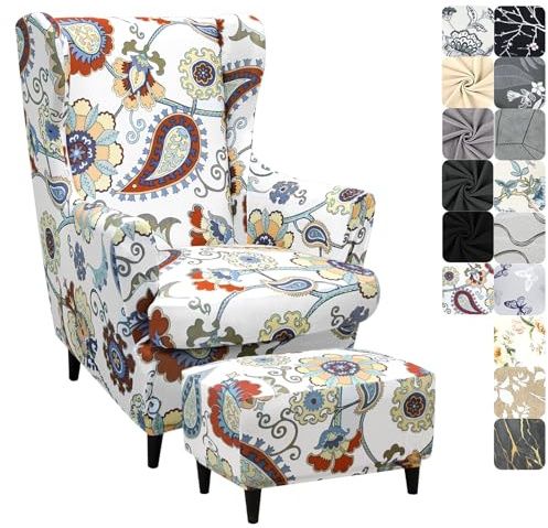 Alishomtll 3 Teilig Ohrensessel Überzug Mit Ottomane Schonbezug Stretch Sessel-Überwürfe Elastisch Sesselhusse Strandmon Tiger Stuhlbezug mit Armlehne Hohe Rückenlehne Universal (Bohemian Blumen)