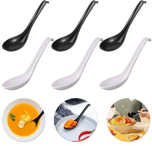 6 Pièces Cuillères à Soupe en Mélamine à Manche Long - 16.5cm × 4.1cm, Noir/Blanc, Style Chinois en Plastique pour la Cuisine de Restaurant Familial