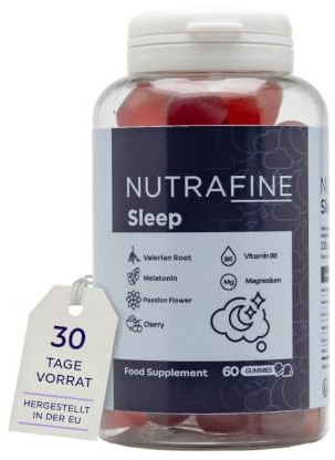 Nutrafine Schlaf Gummies - Melatonin gummies | mit Baldrian, Passionsblume, Zitronenmelisse, Magnesium & B6, Für Erwachsene, 60 gummis