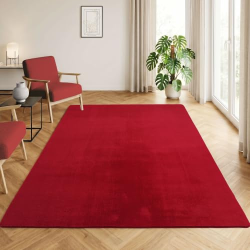 HomebyHome Teppich Rot 240x340 cm Waschbarer Kurzflor Teppich, rutschfest & weich, modernes einfarbiges Design für Wohnzimmer, Schlafzimmer, Küche & Kinderzimmer.