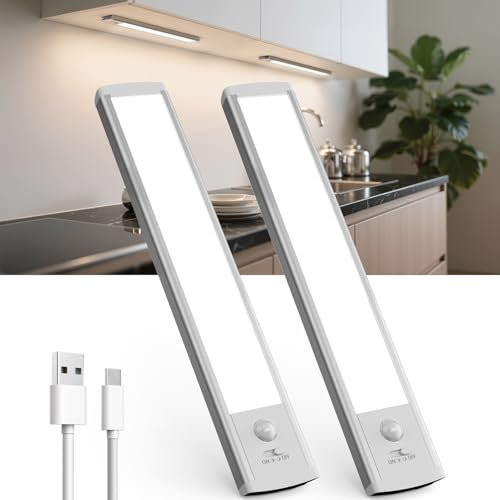TANSOOL+ Schrankbeleuchtung LED Lampe mit Bewegungsmelder - USB-C Aufladbar Unterbauleuchte Küche Licht - Dimmbar kabellos Nachtlicht für Küche, Treppe, Schrank - 20cm, 2 Stück