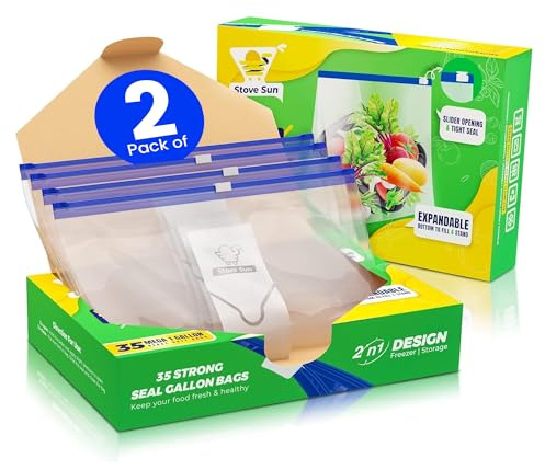 Stove Sun™ 2 Pack 35 Large Reusable Ziplock Bags Each | Expandable Bottom Stand and Fill Food Storage Bags | BPA Free, 1 Gallon (4.55L), W28.8 x L30.6+3cm bottom