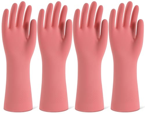 Rubber Cleaning Gloves for Washing Dishes 4 Pairs Reusable Kitchen Gloves for Washing Dishes and Household Cleaning, Pink Dish Gloves with Flocking Lining and Non Slip Grip