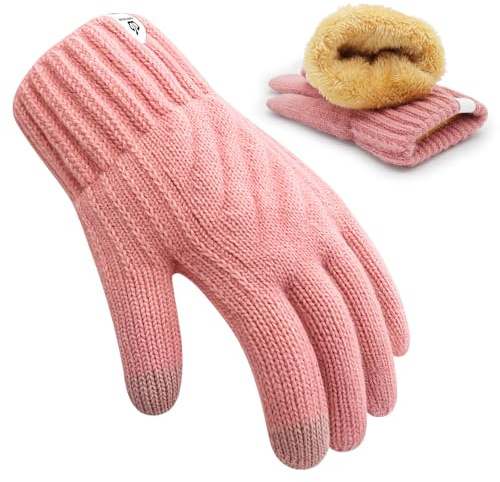 ARFNKIM Kids Winter Gloves for Boys Girls, Fleece Lining Knitted Warm Gloves Touchscreen Thermal Children Mittens (Pink, One size)