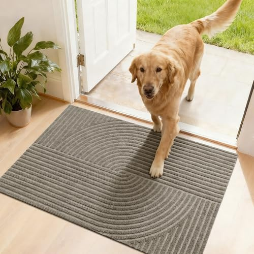 FEOMOS Tapis Entrée Intérieur 50x80cm Motif Vagues Symétriques, Antidérapant et Absorbant, Paillasson Attrape-Poussière, Tapis de Porte Profil Bas et Lavable pour Cuisine,Chambre, Couloir - Beige