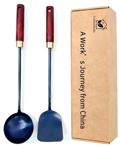 Calmabode Hand-Forged Wok Spatula & Ladle Set, 11 Heavy Duty Iron Stir Fry Utensils with Heat-Resistant Wooden Handle for Carbon Steel Woks Cast Iron Pans (2-Piece)