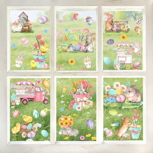 9 Stück Fensterbilder Ostern Deko, Bunt Oster Fensteraufkleber Selbstklebende Hasen Ostereier, Fenstersticker Wiederverwendbar Fensterdeko für Frühling Osterdeko Glas Kinderzimmer