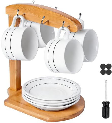 COEWUR Porta Tazzine da Caffè con 6 Ganci Porta Tazze da Caffè in Bambù Supporto Tazze da Appendere con Base Espositore per Tazze da Caffè e Piattini Portabicchieri per Cucina Sala da Pranzo