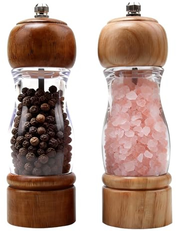 6 inches Wood Salt and Pepper Grinder Set Oak Manual Wooden Salt and Pepper Mill Refillable Spice Grinder Shakers with Adjustable Ceramic core Grinder Acrylic Visible Window for Cooking Baking 2 Pcs