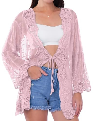 Maeau Woman Tie Front Lace Kimonos Summer Mesh Cardigans Flowy Mesh Sheer Coverups Beach Floral Kimono Boho Bikini Cover Up Pink