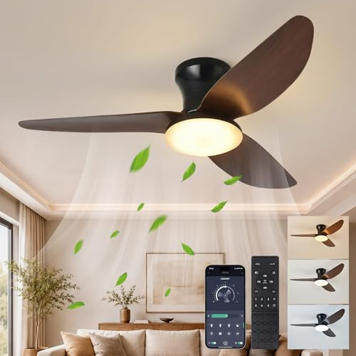 SERBASIC Ceiling Fan with Light and Remote, 39 Woodgrain Dimmable Ceiling Fans with APP Control, Quiet Reversible DC Motor,6 Speeds,3 Colours & Timer for Bedroom, Living Room