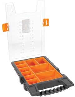 Perel Boîte d’assortiment, boîte de rangement en plastique avec 10 bacs amovibles, couvercle transparent, empilable, avec poignée, pour vis écrous clous et petites pièces