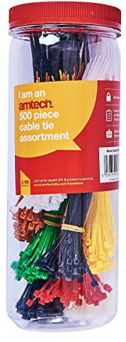Amtech 500 pc Assorted Cable Ties, Self-Locking Nylon in Multiple Colours, 100 mm 150 mm 200 mm, Supplied in Storage Tube