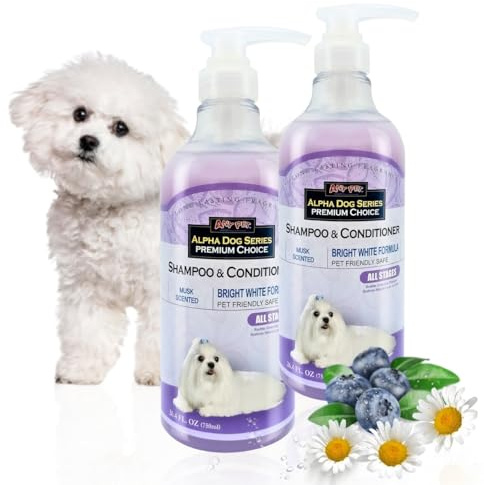 Alpha Dog Series Bright White Natural Whitening Dog Shampoo and Conditioner for Dogs with Aloe Vera, pH Balanced Dog Shampoo and Conditioner Set, Tear-Free for Sensitive Skin 26.4 Oz (Pack of 2)