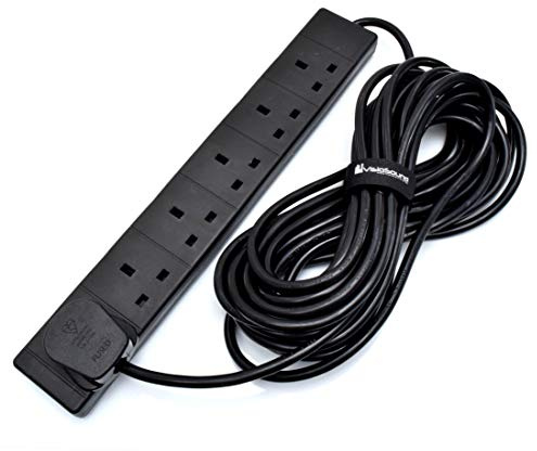 6-Gang Extension Trailing Lead/Black UK Multi Plug Power Cord Cable (10m) | Six UK 13 amp socket outputs, manufactured to British Standard 1363/A
