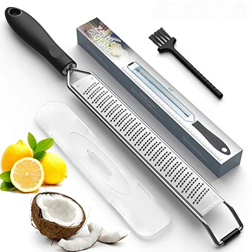 Lemon Zester & Cheese Grater Stainless Sharp, Kitchen Tool for Ginger, Garlic, Nutmeg, Chocolate, Vegetables, Fruits - Protect Cover & Free Clean Brush, Dishwasher Safe, Black