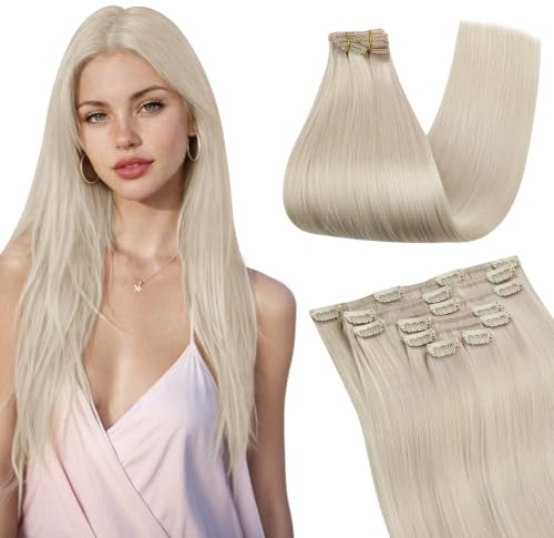 Ugeat Echthaar Extensions Clip Blond 35 cm 105G 7 Stück #60A Platin Blond | Remy Echthaar Clip in Extensions, Platinblond, Extension Clip-in Haarverlängerung, weich fallend, für mehr Fülle im Alltag