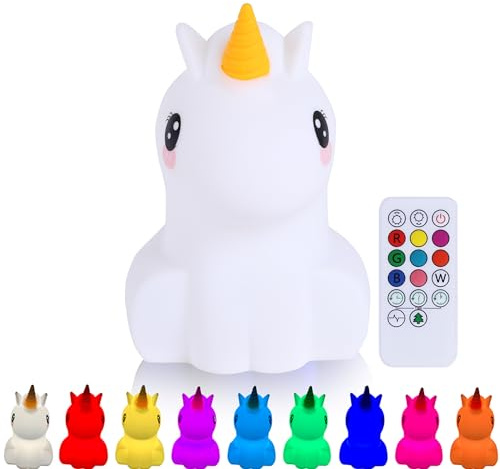 Kadoing® Einhorn Nachtlicht (Groß) - wiederaufladbare Nachtlampe mit Tippfunktion und Fernbedienung - Nachttischlampe für Kinder - Babylampe - Kinderlampe - Babyzimmer - Kinderzimmer - Kinderspielzeug