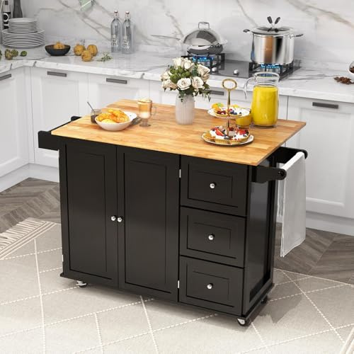 RELAX4LIFE Carrello da Cucina Grande Portaoggetti con Ruote Scorrevoli con Freni a Pedali, in Legno Verniciato con Armadietto e Cassetti Capienti,136 x 76 x 91 cm (NERO)