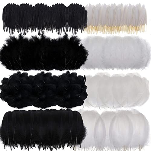 MWOOT 400 Stück Natur Federn Schwarz Weiß, Basteln Deko Bastelfedern, 4 Arten Federn für Traumfänger Faschingskostüme Halloween Masken Weihnachtskranz Ostereier Zubehör, Crafts Feather