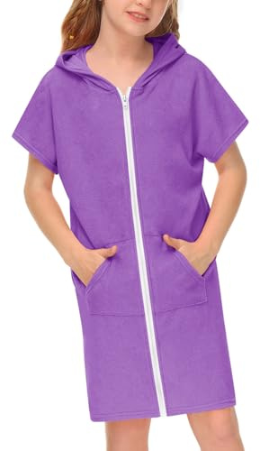 BesserBay barn badponcho huva poncho handduk frotté med fickor 120–150, lila, 130