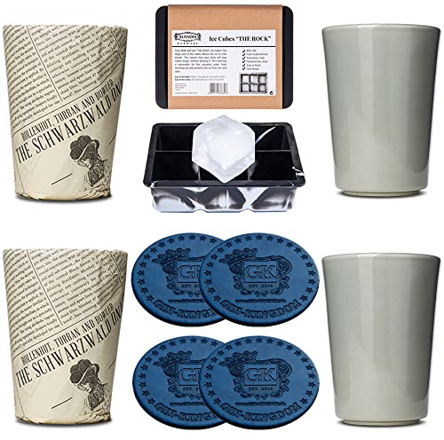 ALANDIA Monkey 47 Becher Set | 4x Monkey Gläser Gin Tonic | 4x Glas Untersetzer | 1x XXL Eiswürfelform mit Deckel | Ideales Gin Geschenkset