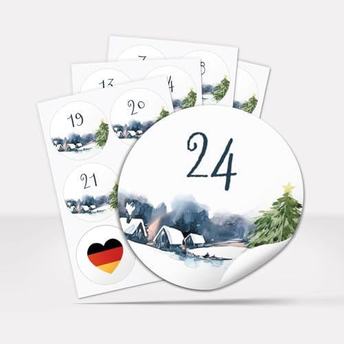 Adventskalender-Zahlen Aufkleber 1 bis 24 / Winterlandschaft Aquarell/Etiketten Kinder Jungen Mädchen/Sticker/Weihnachtskalender/Advent/Rund/DIY/zum Aufkleben