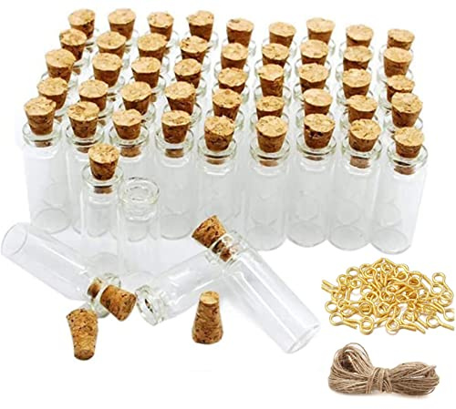 Minsily Lot de 100 mini bouteilles en verre de 2 ml avec bouchons en liège, ficelles de 20 mètres, petits pots, mini fioles transparentes, bouteilles en liège pour loisirs créatifs, décoration