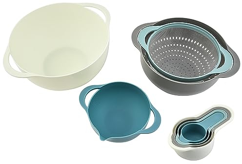 MiHerom Plastic Nesting Bowls Set with Mixing Bowls,Colanders,4 Measuring Cups,Sifter for Baking,Food Prep,RV Camping Accessories,8 Pieces