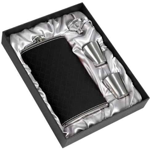 LHD HOME Flachmann für Herren, 350 ml, 304 Edelstahl in Lebensmittelqualität, 2 Tassen und Trichter, tragbare Geschenk-Box für Whiskey, Rum, Trauzeugen, Trauzeugen, Usher, Hochzeit, Leder,