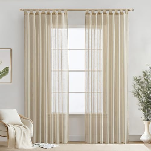 MIULEE Voile Gardine Leineneffekt halbtransparent 2er Set B140 H260 Beige | Halbtransparente Voile mit natürlichem Leineneffekt und praktischen Schlaufen, Deko für Wohnzimmer und Schlafzimmer