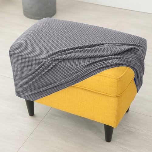 Highdi Ottoman Cover Rectangle, Solid Color Jacquard Thickening Stretch Footstool Slipcover, Protector Cover with Elastic Bottom, Removable Washable Dustproof Footrest Pouffe Covers (Anthracite)
