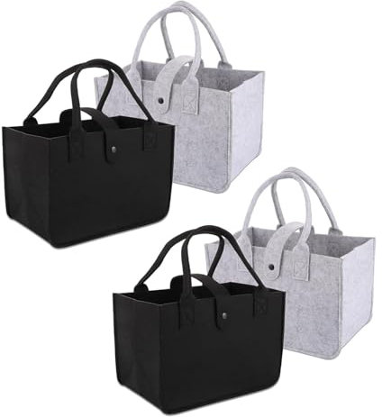 LDXDRU 4 sacchetti in feltro per la spesa, 30 x 20 x 18 cm, piccoli sacchetti in feltro, pieghevoli, per giocattoli, shopping, viaggi, lavoro, picnic, Nero / Grigio, 30x18x20CM