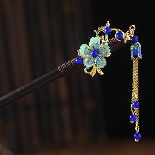 1Pc Blaue chinesische japanische Haarnadel,Hochzeitsparty-Haarnadeln,Retro-Holz-Haarnadel,Blumen-Haarstäbchen,Vintage-Quasten-Haarstab,Hanfu-Haarnadeln,Haarstylingnadeln, Haarschmuck,Haarklammern