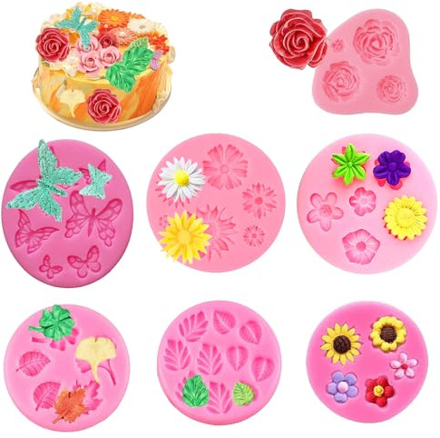 7 moldes de silicona para flores,Molde de Silicona para Flores de Repostería – Multiuso y Flexible, Ideal para Dulces, Manualidades y Modelado de Porcelana Fría