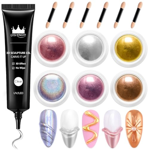 BISHENGYF Multifunktions 3d Nail Gel: No Wipe 15g 3d Nail Gel Und 6pcs Glassy Laser Pink Chrome Nail Powder,Metallic Gold Chrome Pulver NäGel,5d Molding FüR NäGel Dekoration (Silber/Kupfer)