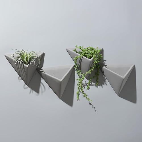 Set mit 4 dreieckigen Keramik-Wand-Pflanzgefäßen – zementgraue Hängetöpfe für Sukkulenten, Luftpflanzen und Wanddekoration