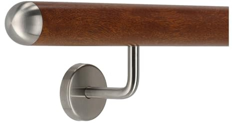 TIBU Pasamanos de aluminio caoba decoración de madera 30-600 cm pasamanos de pared escalera soporte de acero inoxidable en ángulo, longitud 190 cm con 2 soportes y tapa semicircular