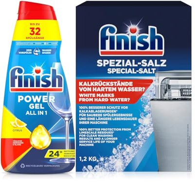 Finish Power Gel Citrus 650 ml & Spezialsalz 1,2 kg – Kraftvolle Reinigung und optimaler Kalkschutz für Ihre Spülmaschine, entfernt Fett & Schmutz, sorgt für strahlende Sauberkeit und Maschinenpflege